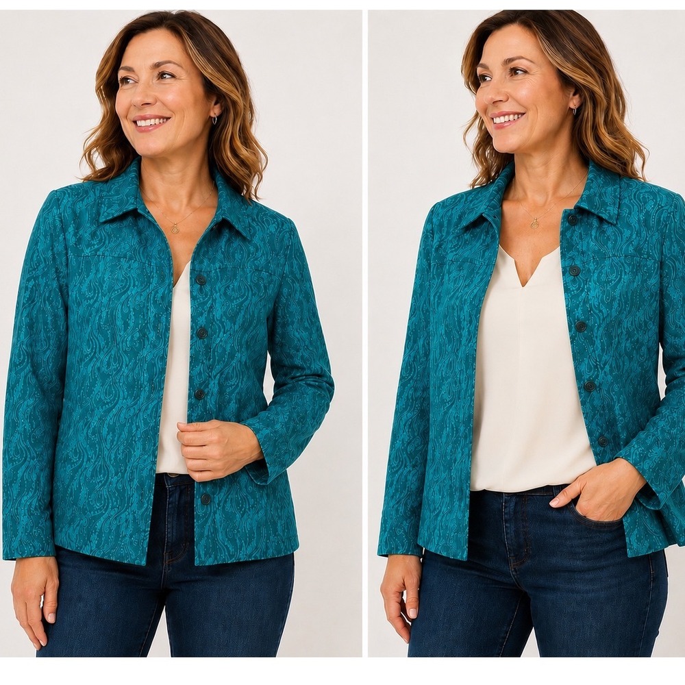 Teal Paisley Embossed Jacquard Button Front Jacket‎ Shacket Women Large